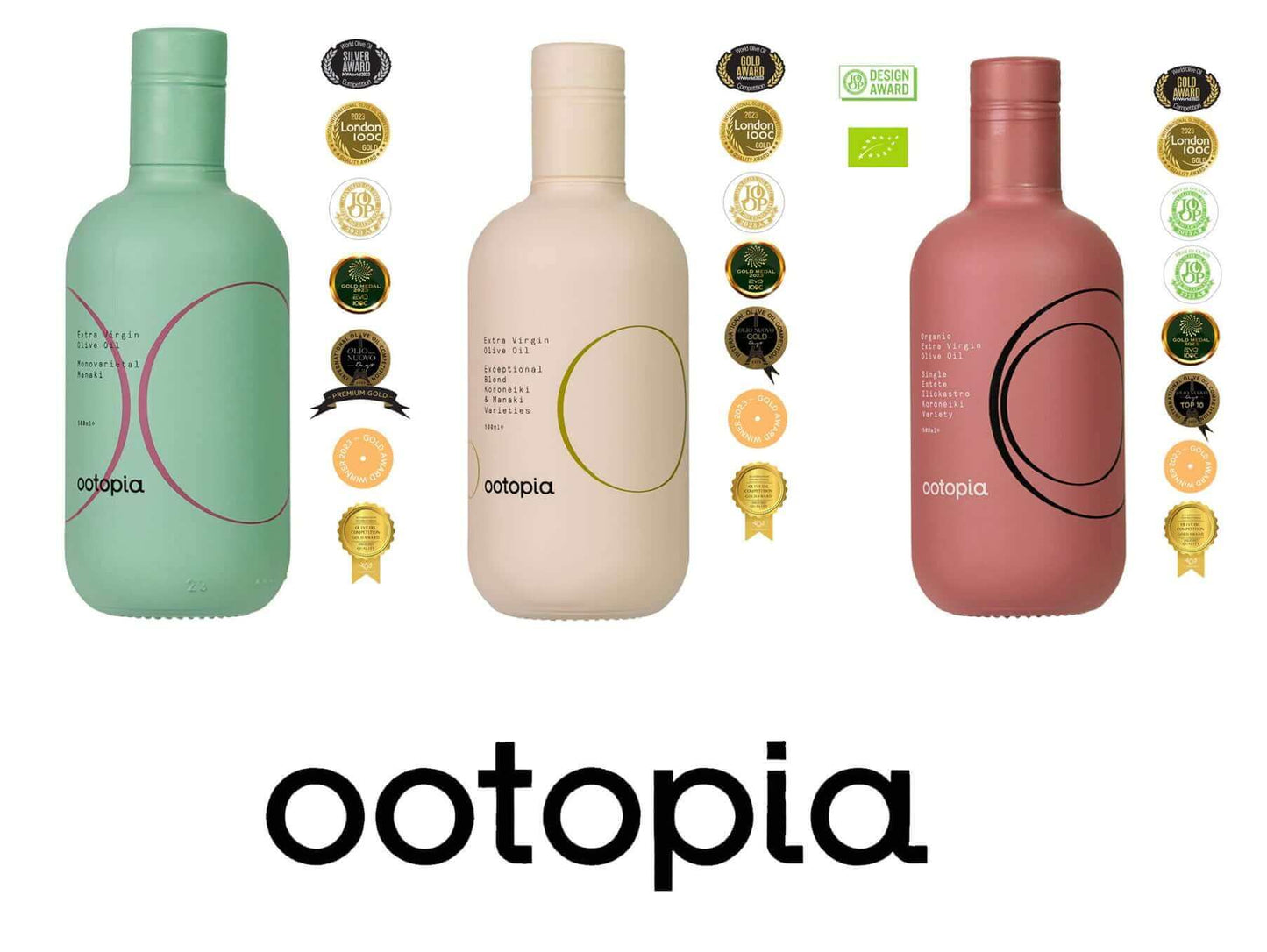 Three bottles of Ootopia extra virgin olive oil: Koroneiki, Manaki, and Estate Blend, showcasing awards and eco-friendly design.
