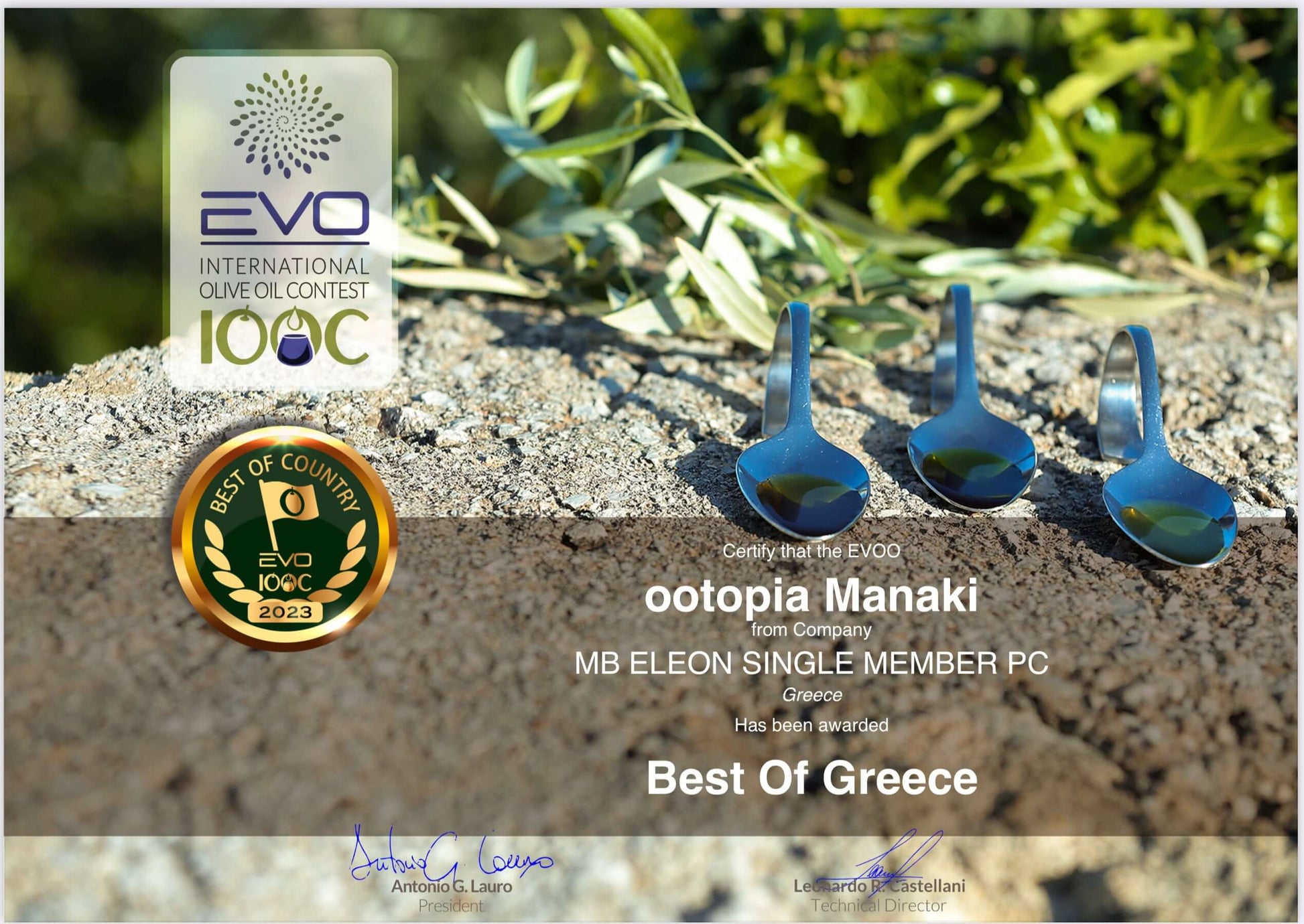 Ootopia Manaki award certificate for Best of Greece at EVO International Olive Oil Contest 2023.