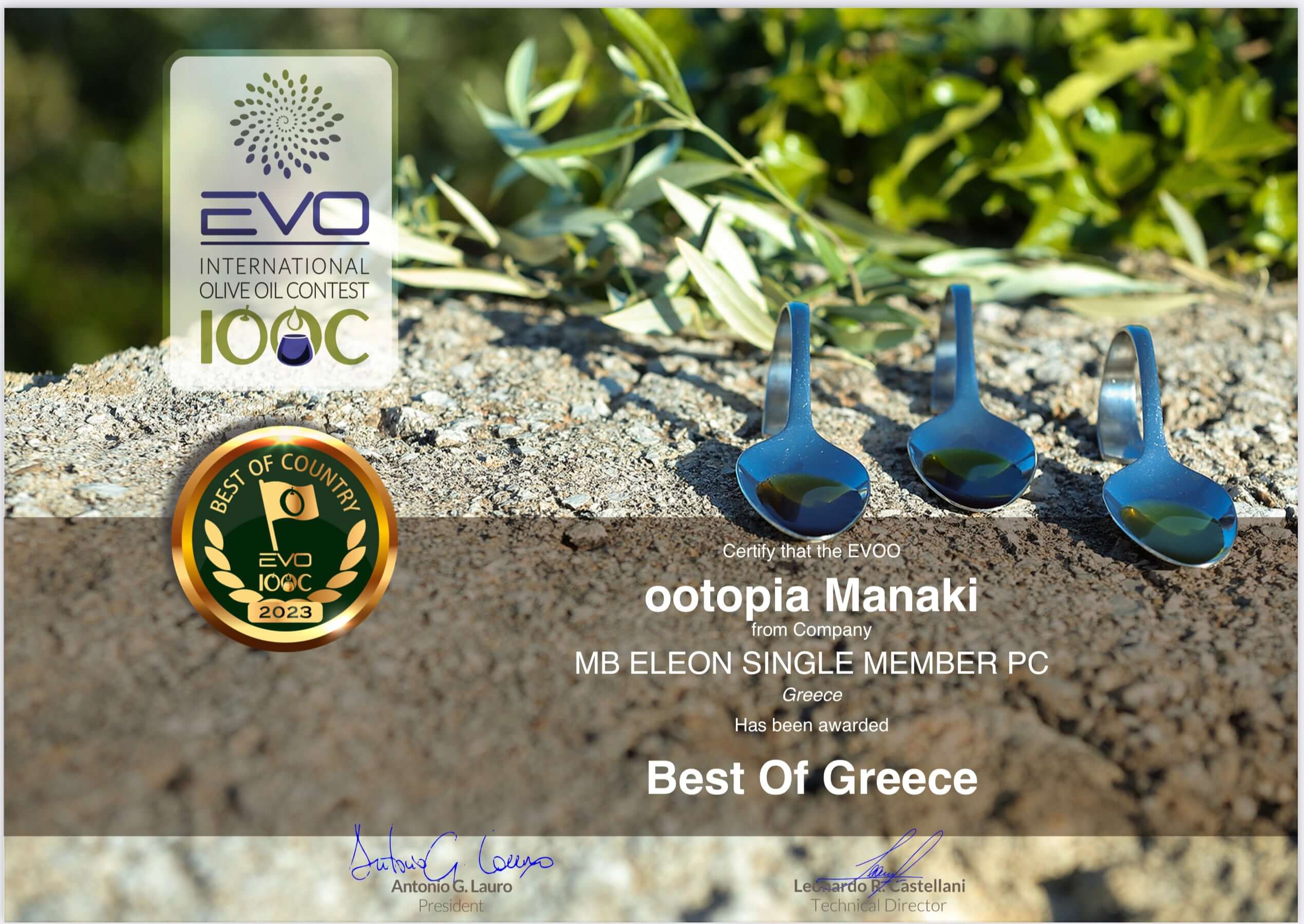 Ootopia Manaki award certificate for Best of Greece at EVO International Olive Oil Contest 2023.