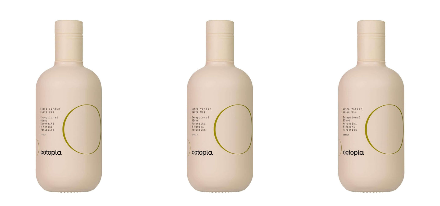 Ootopia Greek Extra Virgin Olive Oil 3-pack, cold-pressed, organic Koroneiki and Manaki blend, 16.9 Fl Oz glass bottles.