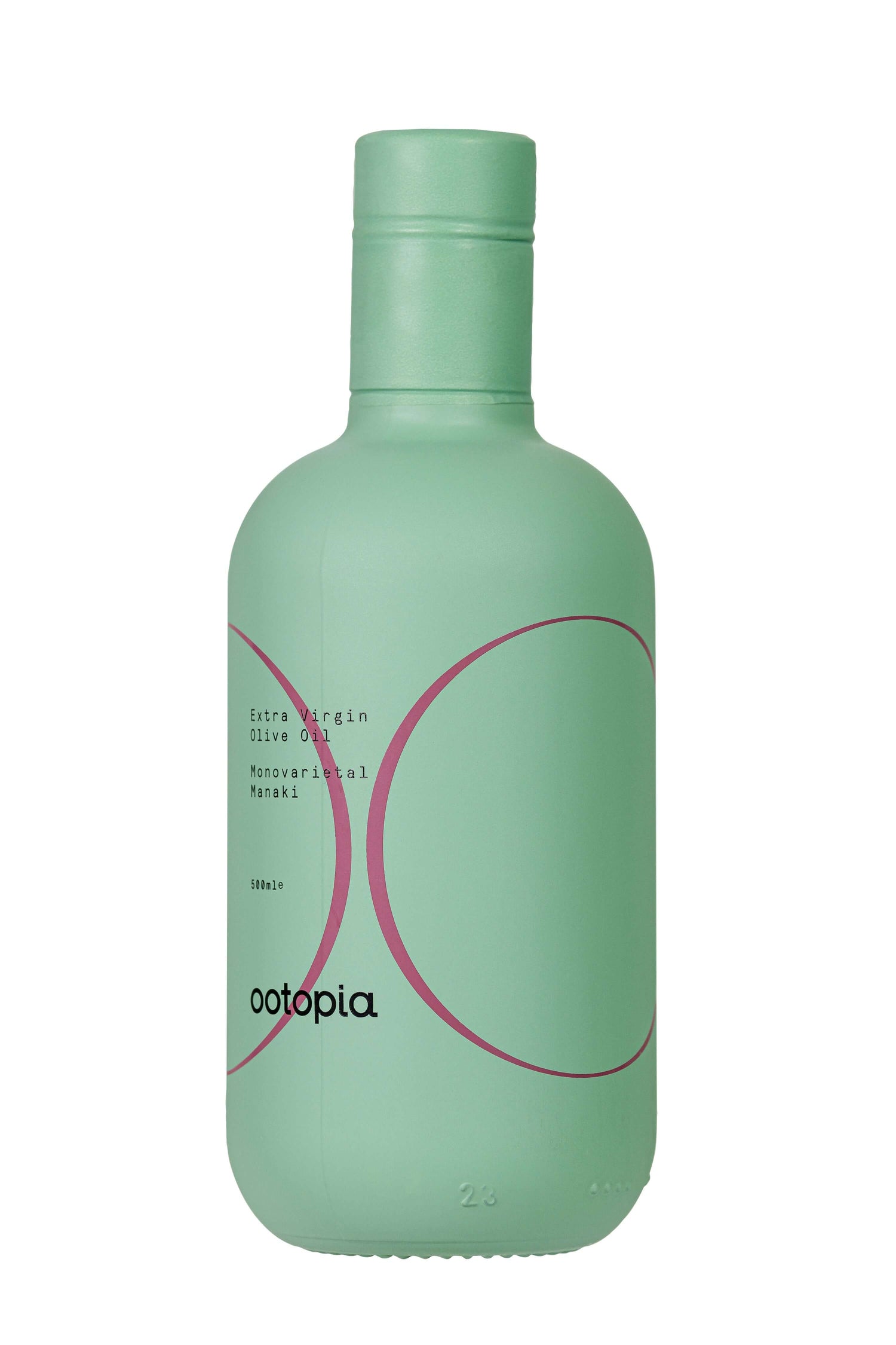 Ootopia Extra Virgin Olive Oil bottle showcasing sleek green design with abstract pink accents, ideal for gourmet cooking.